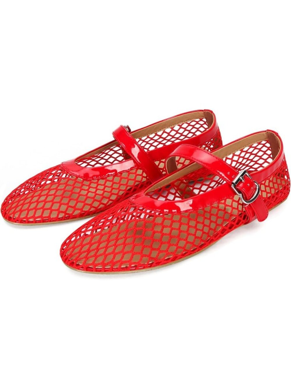 Women's Red Rubber Sole Casual Buckle Strap Comfy Fishnet Ballerina Flat Shoes